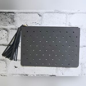 Gray Faux Suede Perforated Clutch Tassel Zip Pouch Boho Chic